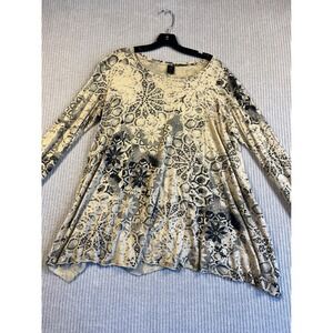 Peruvian Connection Top Womens M L Tan Print Pima Cotton Modal Sharkbite Tunic